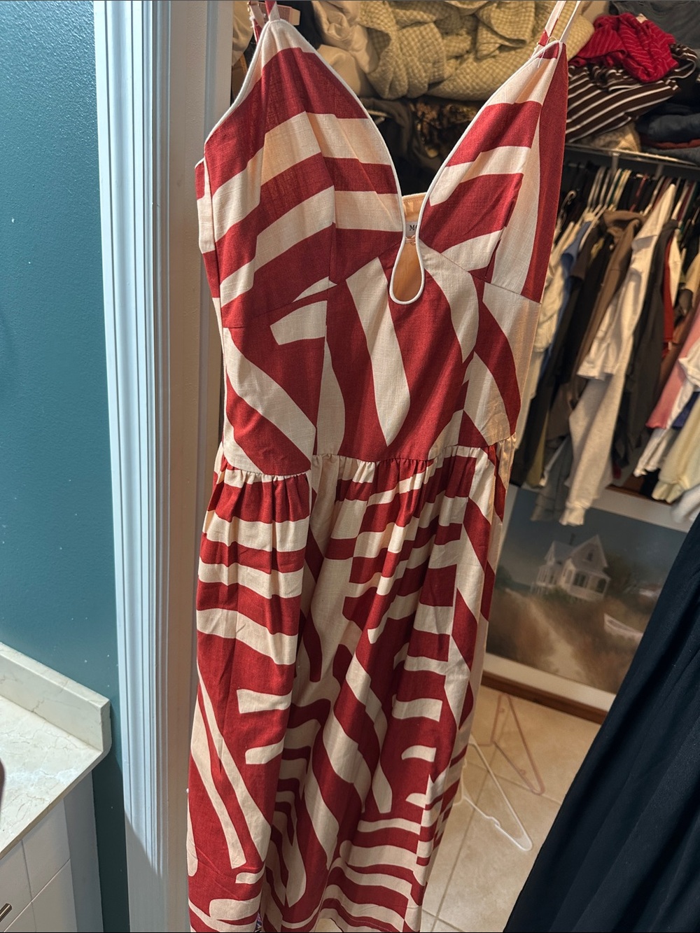 Red and Cream Striped Midi Dress with Spaghetti Straps
